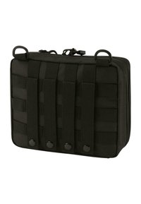Black tactical pouch made of durable fabric, featuring a zipper, two handles, and multiple horizontal straps with snaps for attachments.