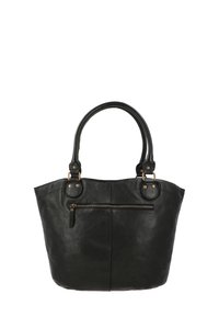 Must mustast kott, millel on kaks ümmargust käepidet, esipaneelil lukuga tasku ja kuldse tooni detailid. Sile tekstuur ja minimaalne disain.