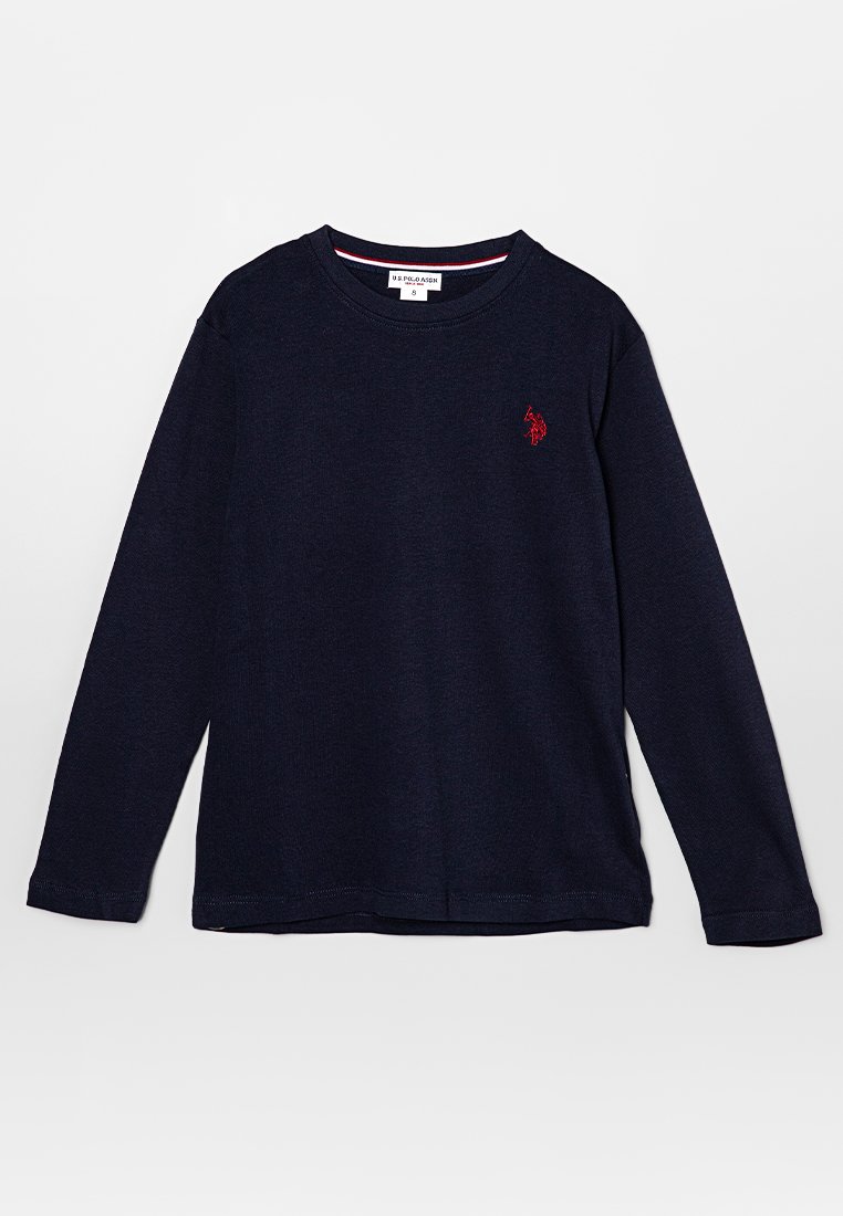 Marineblaues Langarm-T-Shirt mit Rundhalsausschnitt und kleinem roten bestickten Polo-Spieler-Logo auf der linken Brust.