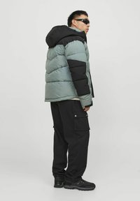Puffer jacket in light green and black, featuring a hood, quilted design, and a relaxed fit. Paired with black cargo pants and sneakers.