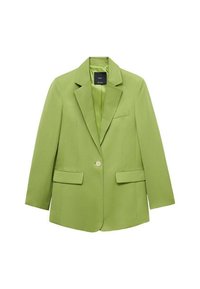 Groene blazer gemaakt van een katoenmix, met een notch-kragen, een enkele knoopsluiting en twee voorzakken. Glad van textuur.