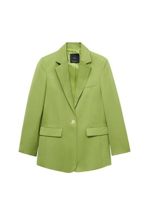 Grüner Blazer aus Baumwollmischgewebe, mit Reverskragen, einem einzigen Knopfverschluss und zwei vorderen Taschen. Glatte Textur.