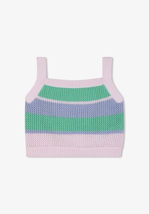 Gebreide cropped top in pastelkleuren: lichtroze, groen, paars en witte strepen. Heeft brede bandjes en een gestructureerd ontwerp.