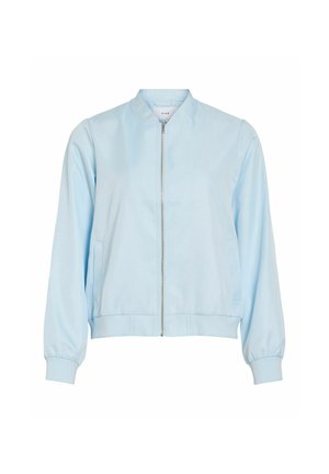 Lyseblå bomberjakke med glidelås, ribbestrikkede mansjetter og kant, krageløs hals og sidelommer.