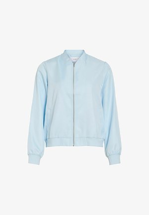 Lyseblå bomberjakke med glidelås, ribbestrikkede mansjetter og kant, krageløs hals og sidelommer.