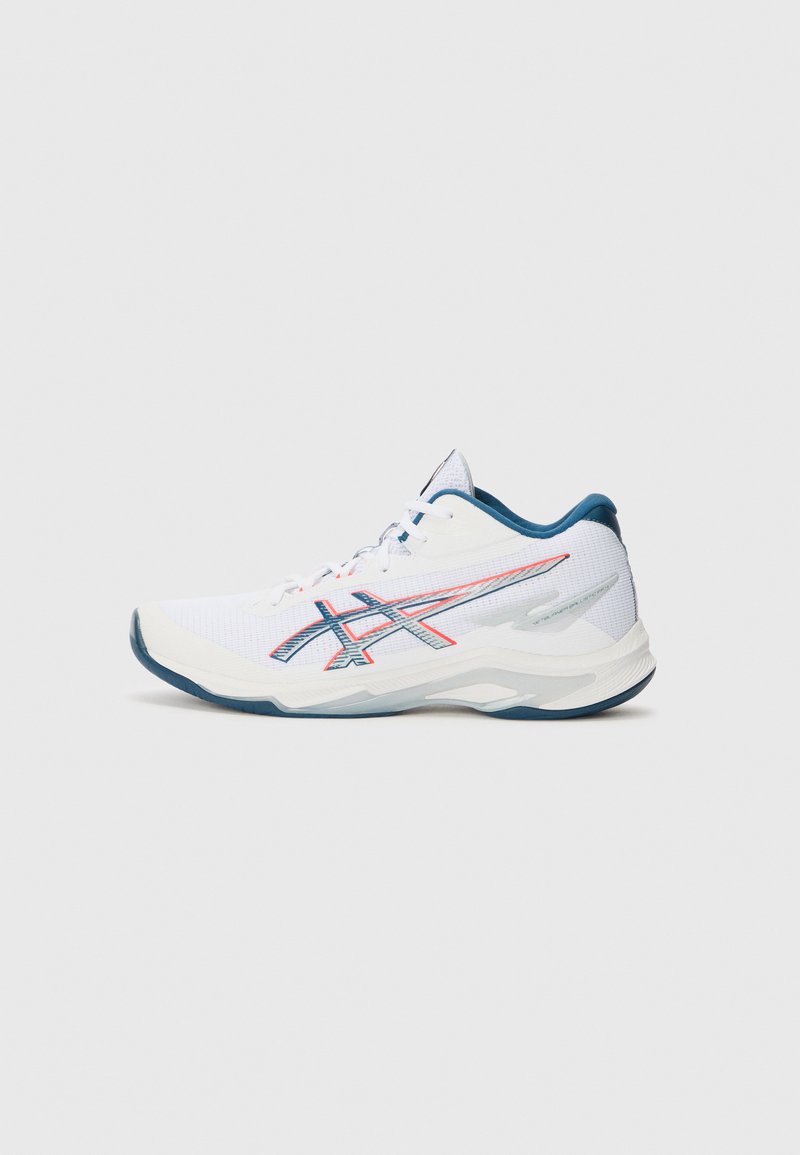 White athletic shoe with a mesh upper, blue accents, and red detailing. Features a curved sole and patterned side stripes.