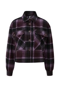 Krótka koszula w kratę wykonana z miękkiej tkaniny, w odcieniach ciemnego fioletu, czerni i różu, z dwoma kieszeniami na piersi i zapięciami na guziki.