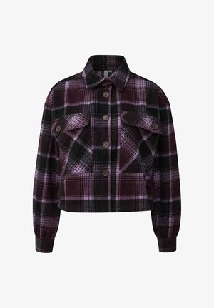 Kurz geschnittenes kariertes Hemd aus weichem Stoff, mit dunkellila, schwarzen und pinken Farbtönen, zwei Brusttaschen und Knopfverschluss.