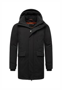 Manteau d'hiver long noir avec capuche, fermeture éclair frontale, deux poches à rabat et sangles de poignet réglables, conçu pour temps froid.