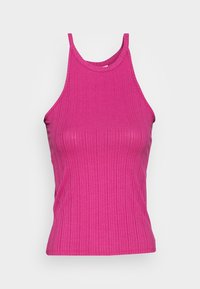 Ribbed tank top in bright pink, featuring a high neckline, thin straps, and a fitted silhouette. Material appears stretchy and smooth.