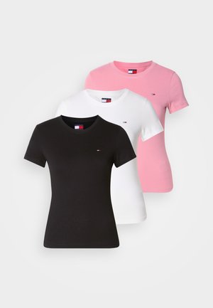 Three short-sleeve t-shirts in black, white, and pink. Made of cotton, featuring a round neckline and a small logo on the chest.