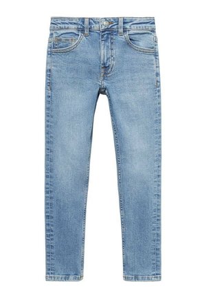 Blå jeans med slank pasform, foran med knap, lynlås, bæltestropper og fem lommer, lagt fladt på en hvid baggrund.