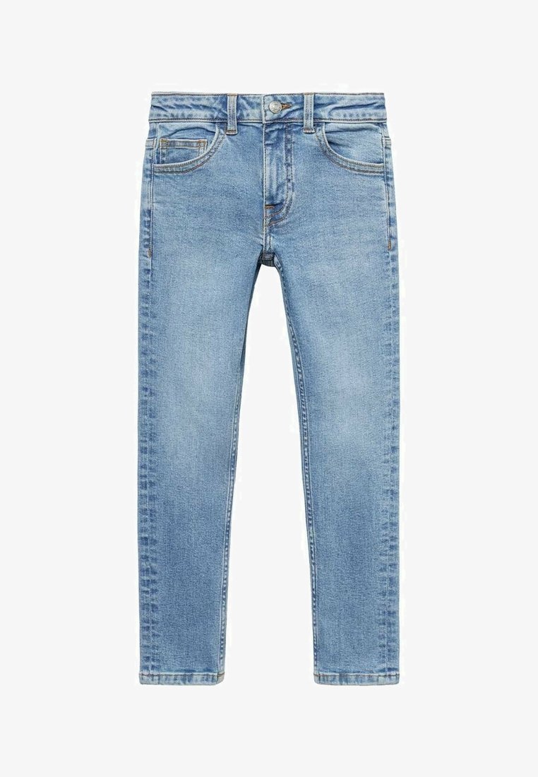 Jean bleu coupe slim avec bouton frontal, fermeture éclair, passants pour ceinture et cinq poches, étalé à plat sur fond blanc.