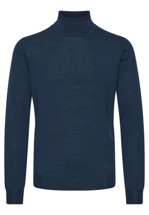 Tummansininen pooloneule. Valmistettu sileästä, kevyestä kankaasta. Muotoiltu siluetti pitkille hihoille, jossa ribbireunat hihoissa ja kauluksessa.