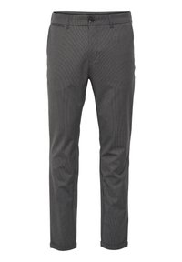 Grå dressbyxor för män med slim-fit, knäppning och dragkedja, bälteshällor och små fållar.