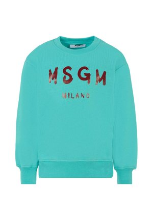 Sweat-shirt turquoise en matière douce, avec des poignets et un ourlet côtelés. Sur le devant, on trouve "MSGM MILANO" en lettres rouges en dégradé et en gras.