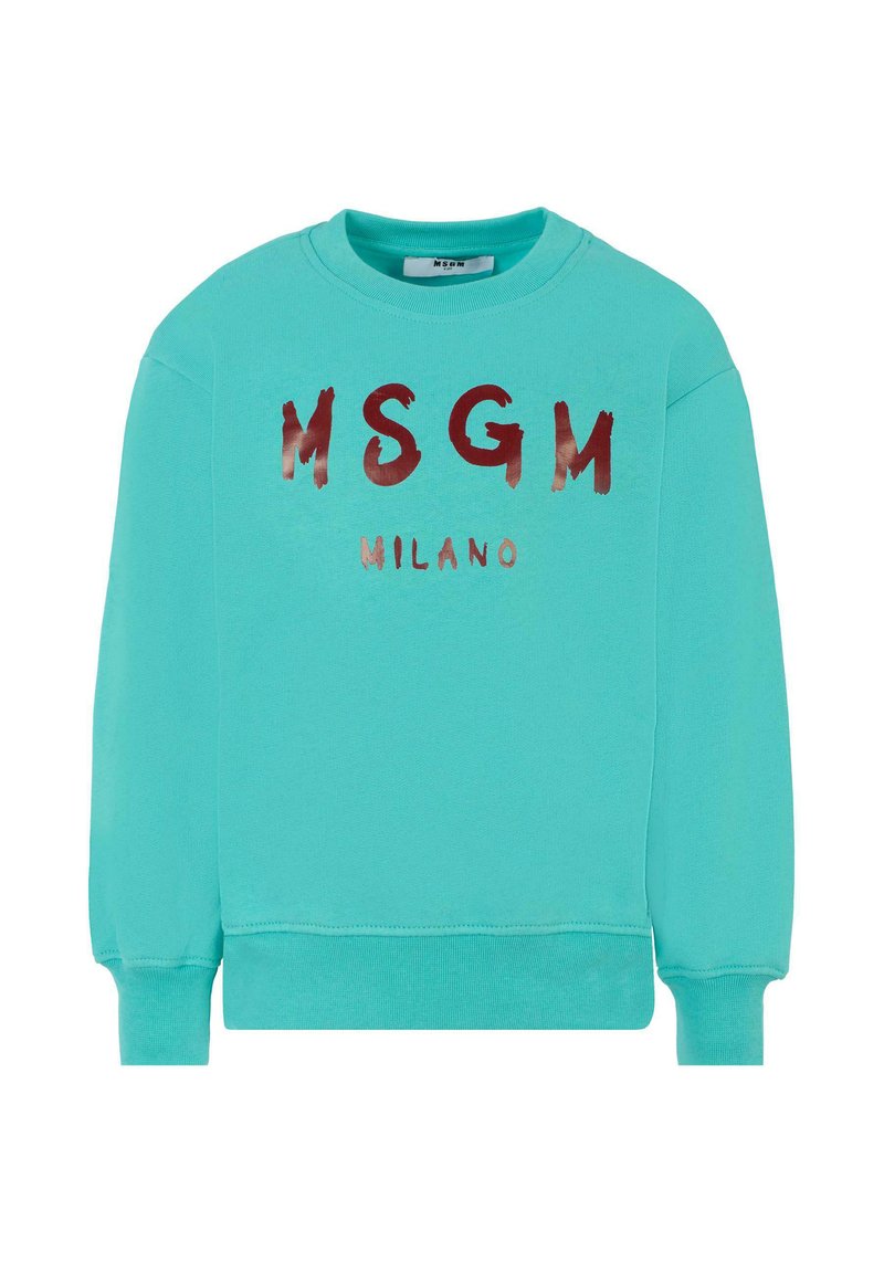 Felpa turchese realizzata in morbido materiale, con polsini e orlo a coste. Sul fronte è stampato "MSGM MILANO" in caratteri grassetto e con un gradiente rosso.