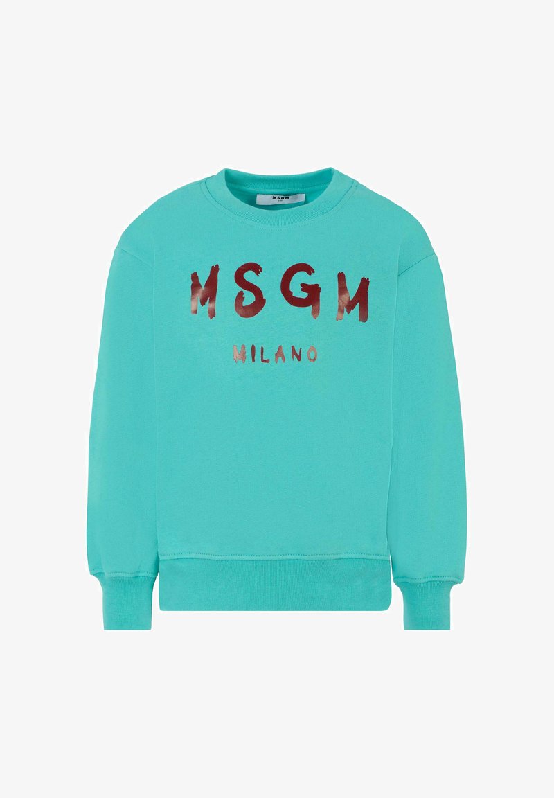 Felpa turchese realizzata in morbido materiale, con polsini e orlo a coste. Sul fronte è stampato "MSGM MILANO" in caratteri grassetto e con un gradiente rosso.