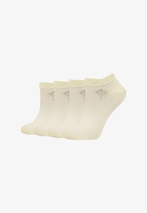 Vier Paar beige Knöchelsocken mit einem dezenten Rautenmuster nahe dem Bündchen, in einer Reihe auf weißem Hintergrund angeordnet.