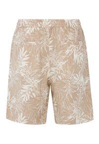 Pantalones cortos de color marrón claro con un patrón de follaje blanco, cinturilla elástica, dos bolsillos traseros y una etiqueta tejida en la parte trasera.