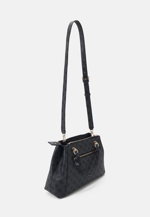 Sac à bandoulière noir à motifs avec sangle réglable, deux poignées et poche zippée devant, présenté légèrement en angle sur fond blanc.