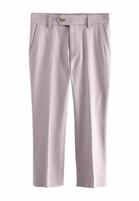 Pantaloni ajustați de culoare lavandă deschisă, cu față plată, două buzunare laterale și o închidere frontală cu un singur nasture. Țesătură fină cu design cu picior drept.