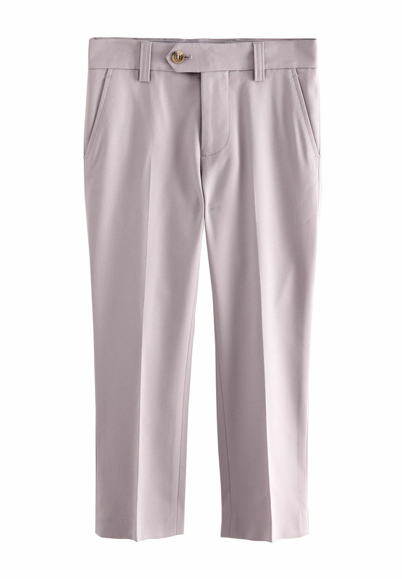 Pantaloni ajustați de culoare lavandă deschisă, cu față plată, două buzunare laterale și o închidere frontală cu un singur nasture. Țesătură fină cu design cu picior drept.