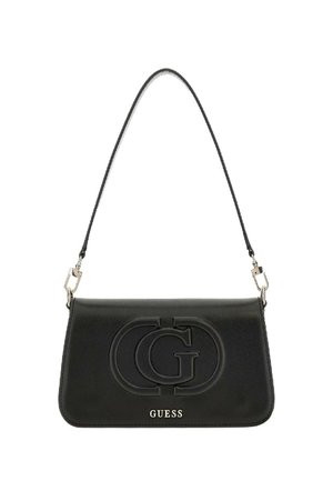 Borsa a tracolla nera in materiale sintetico, caratterizzata da un logo impresso, forma rettangolare elegante e dettagli in metallo.