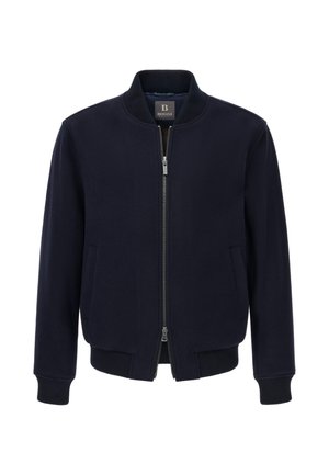 Marineblaue Bomberjacke aus weichem Stoff mit rundem Ausschnitt, Frontreißverschluss und gerippten Bündchen und Saum. Zwei Seitentaschen.