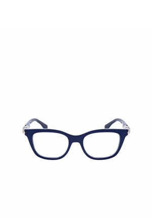 Occhiali rettangolari blu navy con montature spesse e cerniere argentate, mostrati frontalmente su sfondo bianco.