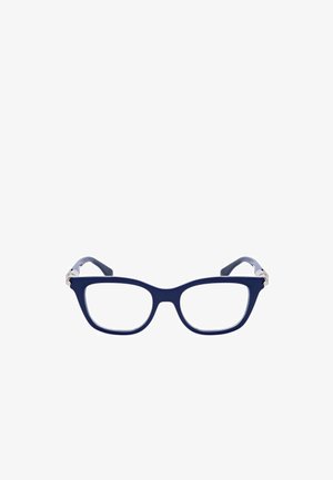 Occhiali rettangolari blu navy con montature spesse e cerniere argentate, mostrati frontalmente su sfondo bianco.