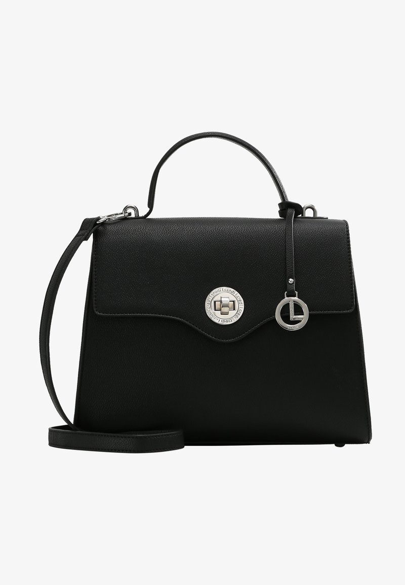 Czarna skórzana torebka o zorganizowanej konstrukcji, z górnym uchwytem, odpinanym paskiem na ramię, przednią klapą i okrągłymi metalowymi detalami w kolorze srebrnym.