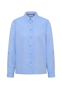 Jasnoniebieska, bawełniana koszula na guziki z długim rękawem, kołnierzykiem, guziczkami z przodu i rękawami z paskami do podwijania.