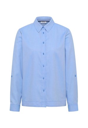 Camicia azzurro chiaro a maniche lunghe con bottoni, realizzata in tessuto misto cotone, con colletto, bottoni frontali e maniche con linguetta per arrotolare.