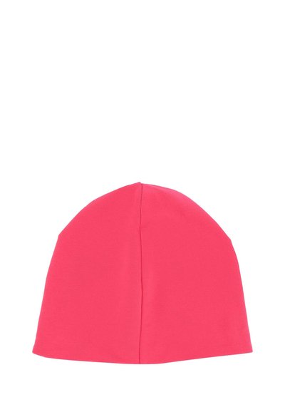 Katoenen beanie in felroze, met een eenvoudig ontwerp. De muts heeft een zachte textuur en een naadloze kroon met een lichte taps toelopende vorm.