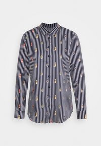 Chemise à manches longues à boutons avec des rayures verticales bleu marine et blanches, ornée d'illustrations multicolores de chiens réparties uniformément sur le tissu.