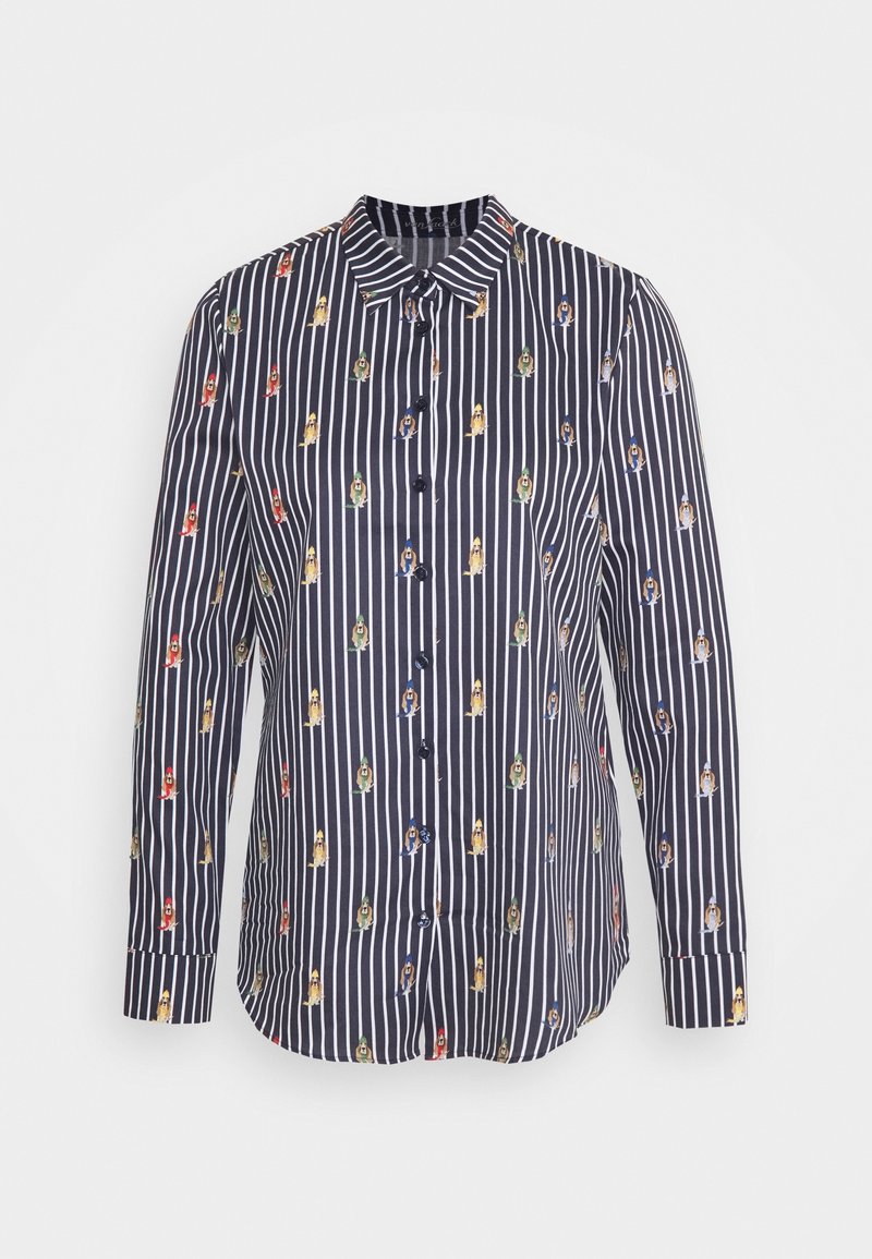 Chemise à manches longues à boutons avec des rayures verticales bleu marine et blanches, ornée d'illustrations multicolores de chiens réparties uniformément sur le tissu.
