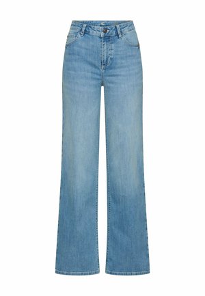 Lyseblå high-waist denimjeans med vide ben, for-lynlås med knapper og lommer foran og bagpå.