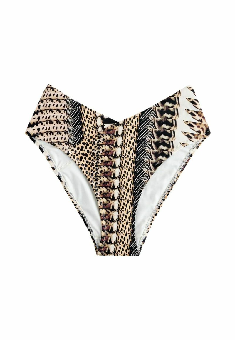 Braguita de bikini de talle alto con estampados de animales en beige, negro y blanco. Presenta costuras en contraste y un forro interior suave.