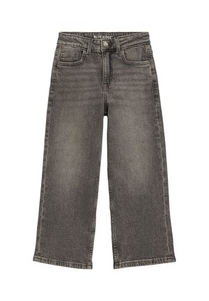 Laste laia säärtega teksad pleekinud mustas denimis, esikülje ja tagataskutega ning nööpidega taljeosas.
