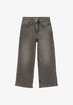 Jean enfant à jambes larges en denim noir délavé avec poches devant et derrière et fermeture par bouton à la taille.