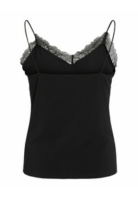 Czarny top na ramiączkach z koronkowym wykończeniem wzdłuż dekoltu i regulowanymi cienkimi ramiączkami, wykonany z miękkiego, gładkiego materiału, o luźnym kroju.