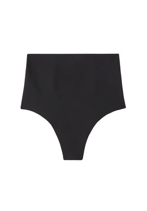 Zwarte high-waisted bikini broek met een gladde stof, voorzien van een minimalistisch ontwerp zonder zichtbare patronen of accenten.