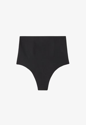 Hoch taillierter schwarzer Bikini-Unterteil aus glattem Material, mit einem minimalistischen Design ohne sichtbare Muster oder Akzente.