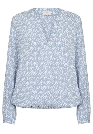 Himmelblaue Bluse mit einem weißen abstrakten Muster. Verfügt über einen V-Ausschnitt, lange Ärmel und einen leicht gerafften Saum für eine lässige Passform.