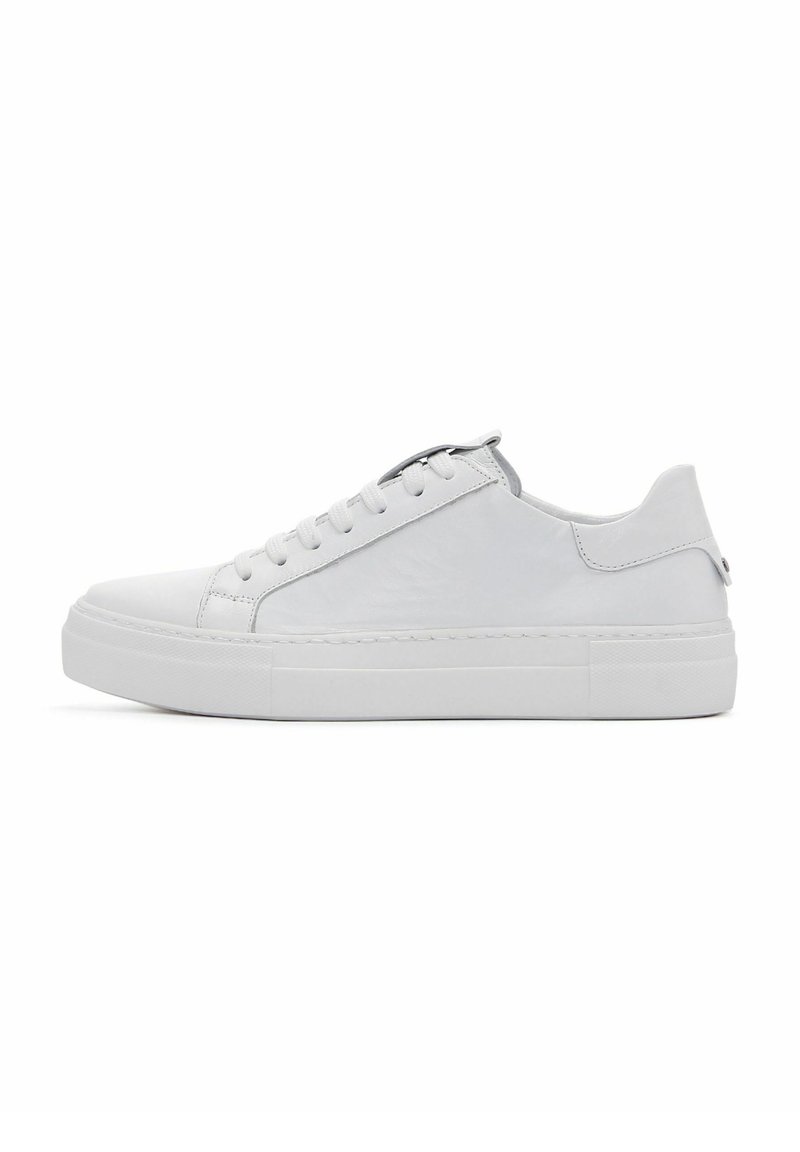 White leather sneaker with flat laces, rounded toe, and textured side panel. Features a thick white rubber sole and minimal branding.