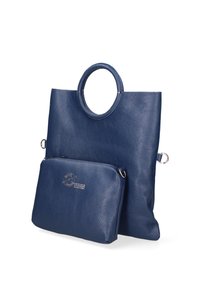 Borsa tote in pelle blu navy con finitura testurizzata, manico circolare e pochette removibile con zip attaccata con hardware in argento.
