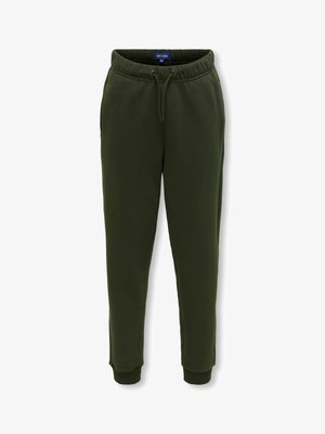 Pantalon de survêtement vert en tissu doux, doté d'une taille élastique avec cordon de serrage et de poignets côtelés aux chevilles pour un ajustement confortable.