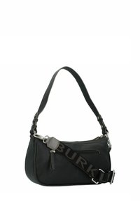 Borsa a spalla in pelle nera con superficie testurizzata, due tasche con zip e una tracolla regolabile con la scritta "BURKLY" in beige.