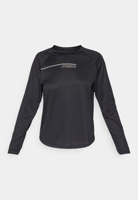 Zwarte lange mouwen shirt gemaakt van gladde stof, met een ronde hals en het "HUMMEL" logo in het wit op de voorkant met een diagonale accentlijn.